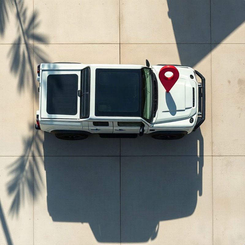 Vista aérea de Range Rover Defender branco em plataforma creme