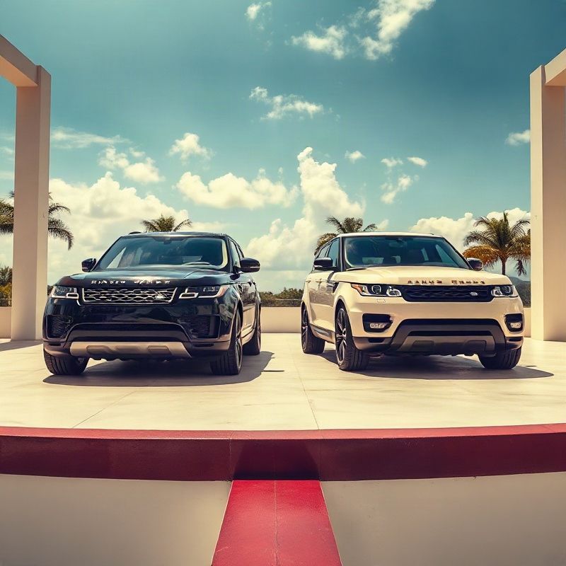 Dois Range Rovers lado a lado em plataforma creme em Fortaleza